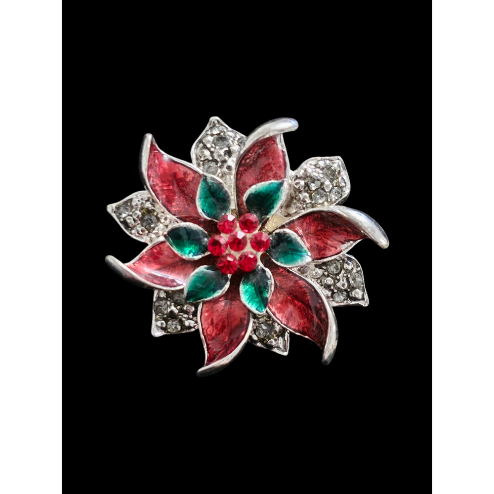 Vintage Poinsettia Brooch Rhinestone Pin Christmas Holiday Silver Tone